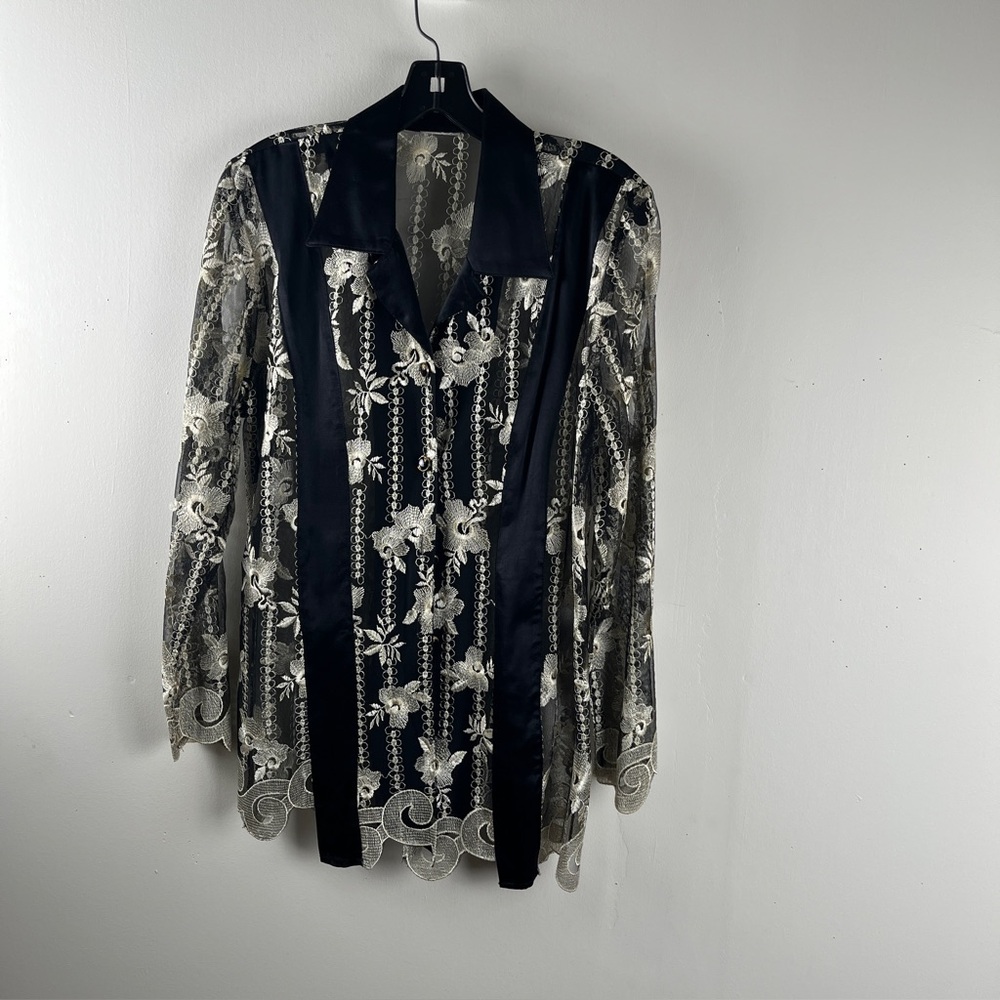 Vintage Lace Black Button-Down Top With Satin Panels